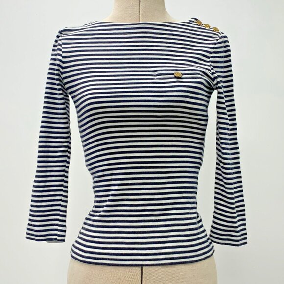 Tory Burch Breton Striped Boat Neck Top with 3/4 Sleeves & Gold Buttons - Picture 2 of 11